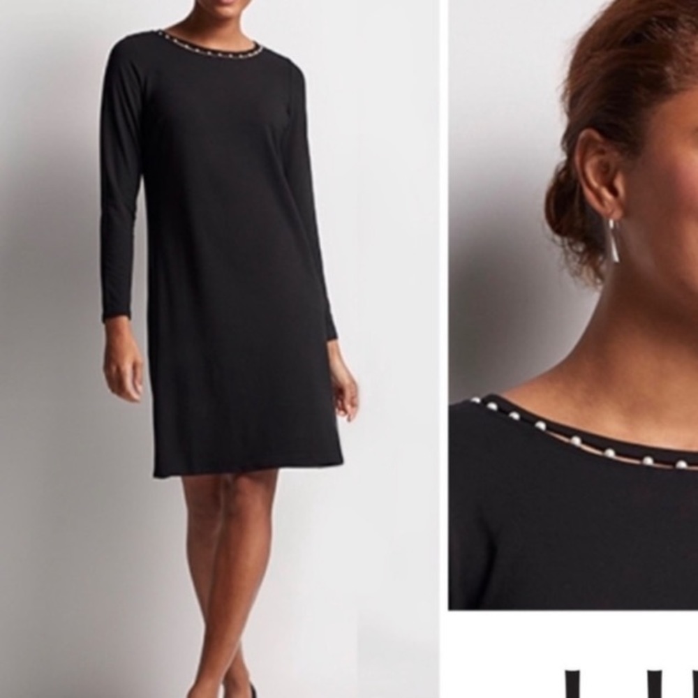 J. Jill Wearever Collection Black Long Sleeve Pearl Dress